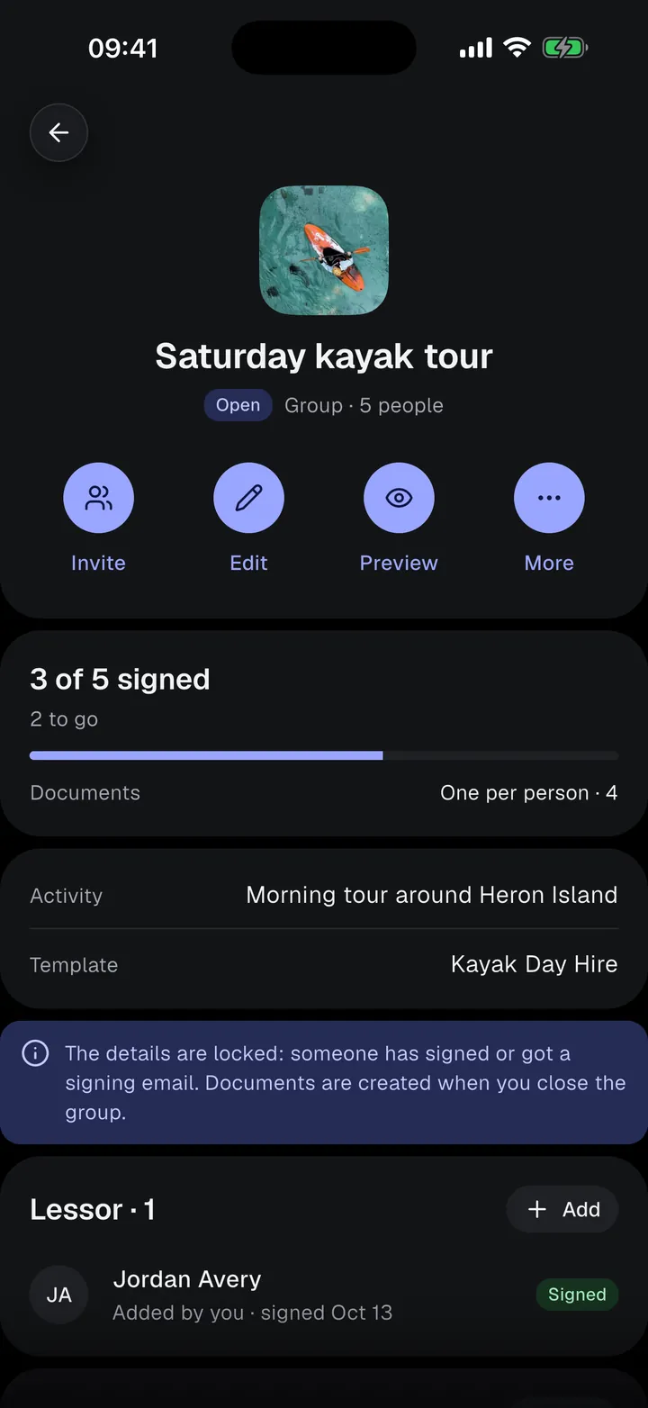 Group progress: 3 of 5 signed